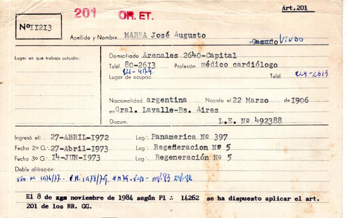 Ficha de miembro de José Augusto Marra.