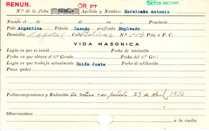 Ficha de miembro de Antonio Marsicano.