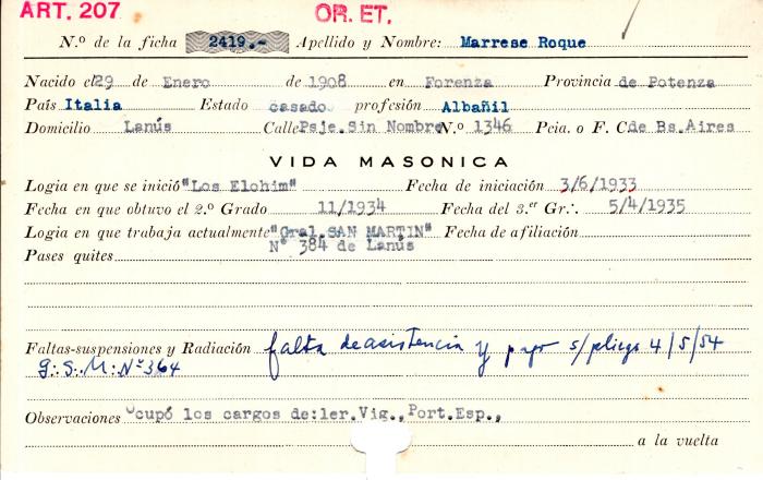 Ficha de miembro de Roque Marrese.