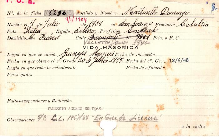 Ficha de miembro de Domingo Martinello.