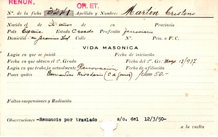 Ficha de miembro de Cristino Martin.