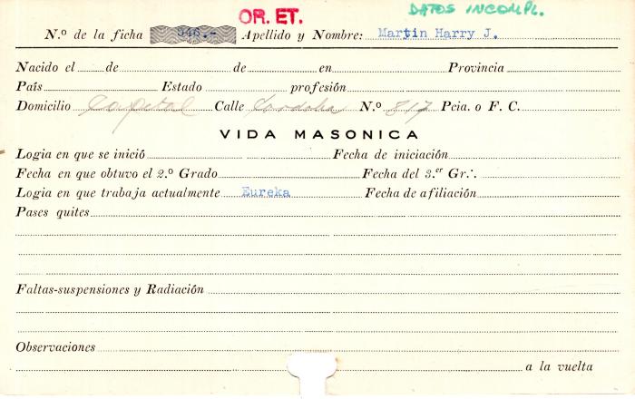 Ficha de miembro de Harry J. Martin.