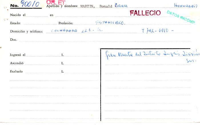 Ficha de miembro de Ronald Bruce Martin.