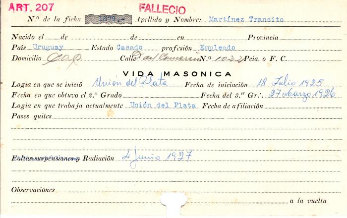 Ficha de miembro de Transito Martinez.