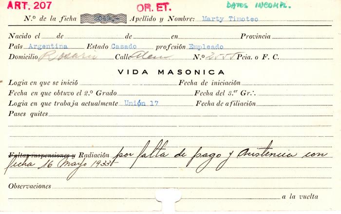 Ficha de miembro de Timoteo Marty.