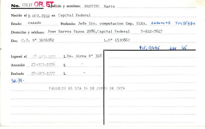Ficha de miembro de Mario Martire.