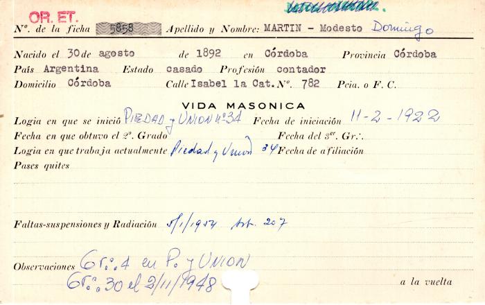 Ficha de miembro de Modesto Domingo Martin.