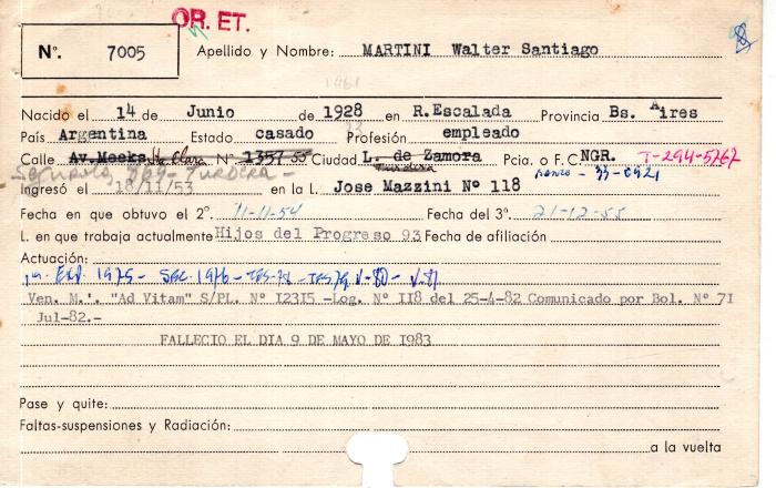 Ficha de miembro de Walter Santiago Martini.