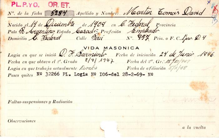 Ficha de miembro de Tomás David Martin.