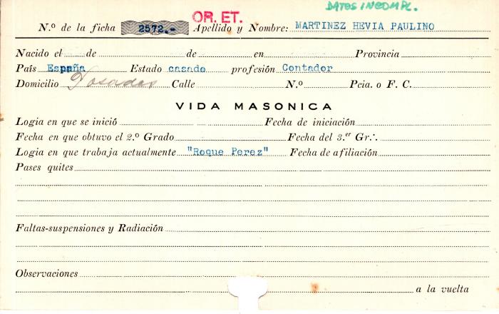 Ficha de miembro de Paulino Martinez Hevia.