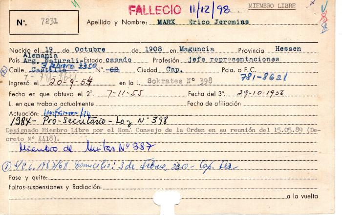 Ficha de miembro de Erico Jeremías Marx.