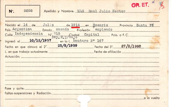 Ficha de miembro de Raúl Julio Héctor Mas.