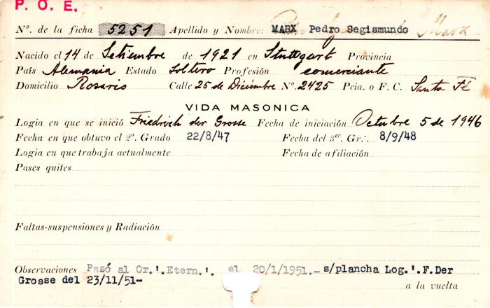 Ficha de miembro de Pedro Segismundo Marx.