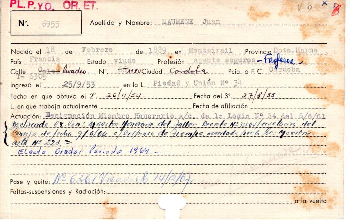 Ficha de miembro de Juan Maumene.