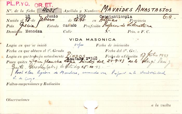 Ficha de miembro de Anastasios Mavrides.