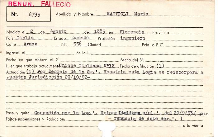 Ficha de miembro de Mario Mattioli.