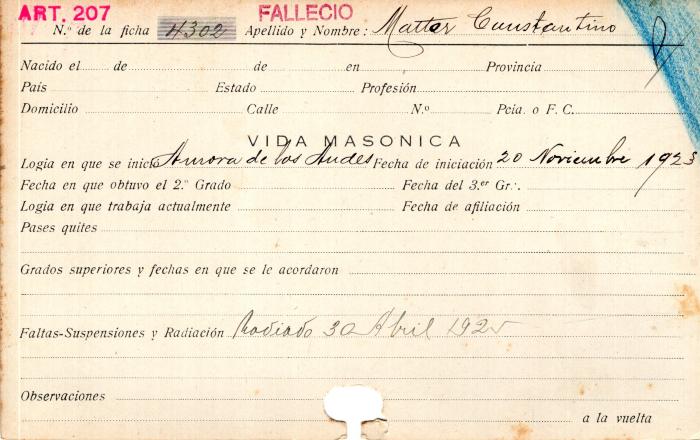 Ficha de miembro de Constatino Mattor.