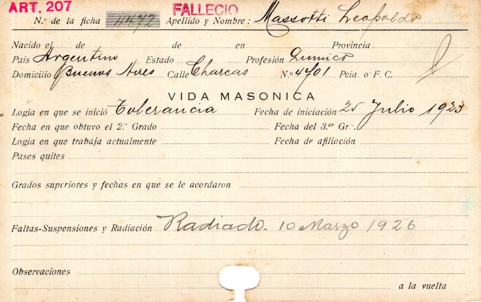 Ficha de miembro de Leopoldo Massotti.