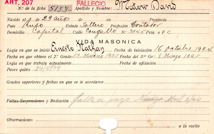 Ficha de miembro de David Matow.