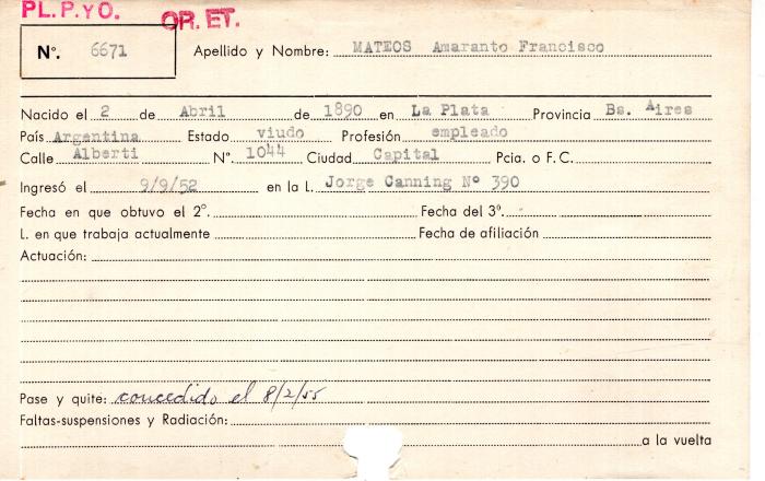 Ficha de miembro de Amaranto Francisco Mateos.
