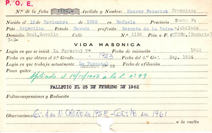 Ficha de miembro de Federico Francisco Maurer.