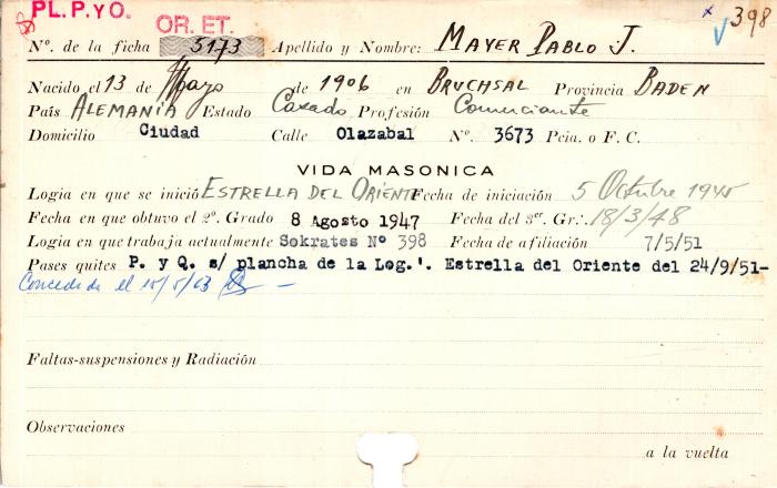 Ficha de miembro de Pablo J. Mayer.