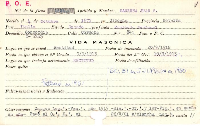 Ficha de miembro de Juan F. Massera.
