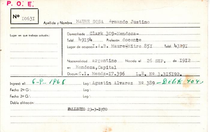 Ficha de miembro de Armando Justino Maure Sosa.