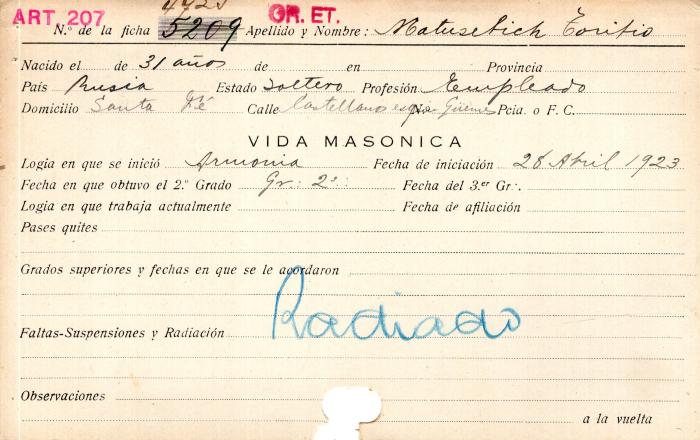 Ficha de miembro de Toribio Matusebich.
