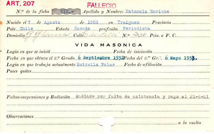 Ficha de miembro de Enrique Matamala.