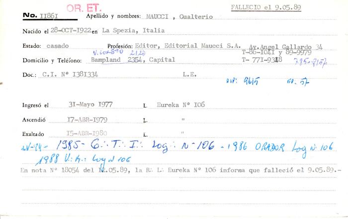 Ficha de miembro de Gualterio Maucci.