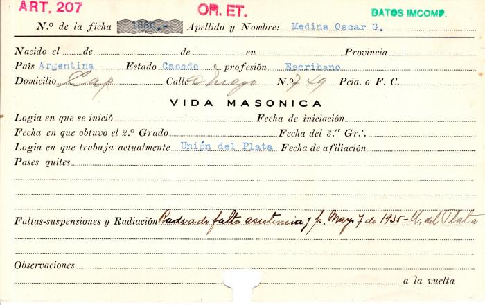 Ficha de miembro de Oscar G. Medina.