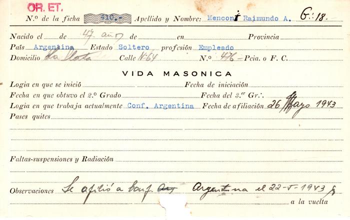 Ficha de miembro de Raimundo A. Menconi.