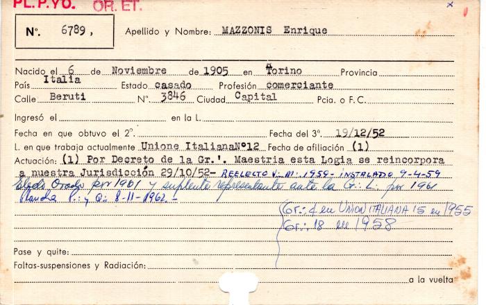 Ficha de miembro de Enrique Mazzonis.