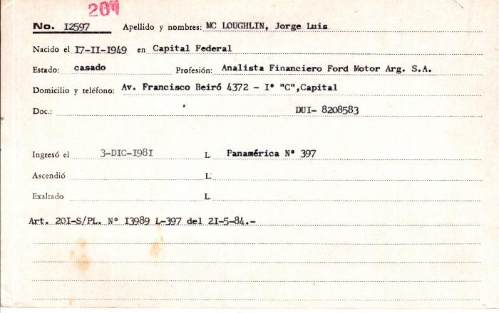 Ficha de miembro de Jorge Luis Mc Loughlin.
