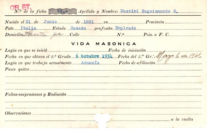 Ficha de miembro de Seguismundo S. Mazzini.