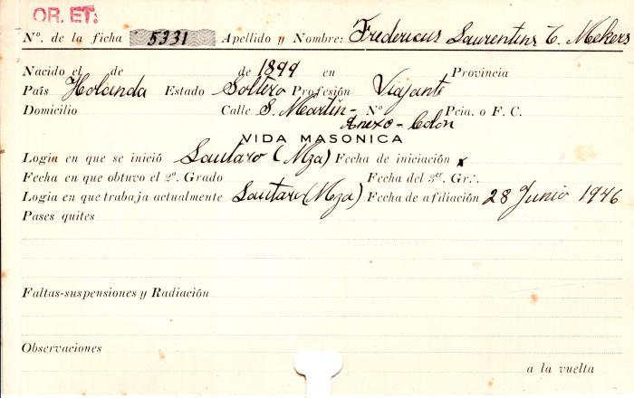 Ficha de miembro de Fredericus Saurentis Mekers.