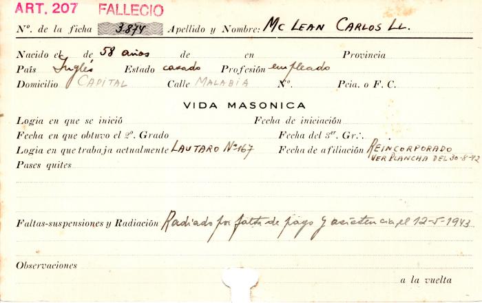 Ficha de miembro de Carlos L. Mc Lean.