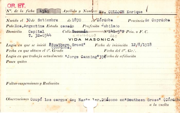 Ficha de miembro de Enrique Mc Culloch.