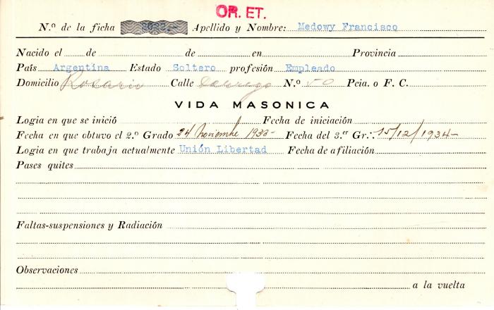 Ficha de miembro de Francisco Medowy.
