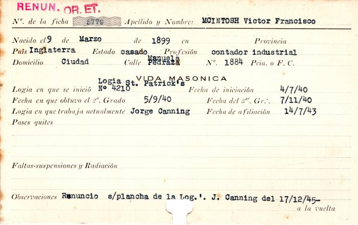 Ficha de miembro de Víctor Francisco Mcintosh.