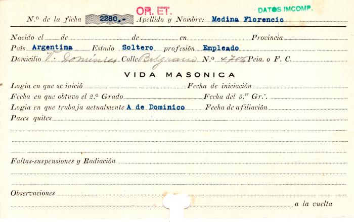 Ficha de miembro de Florencio Medina.