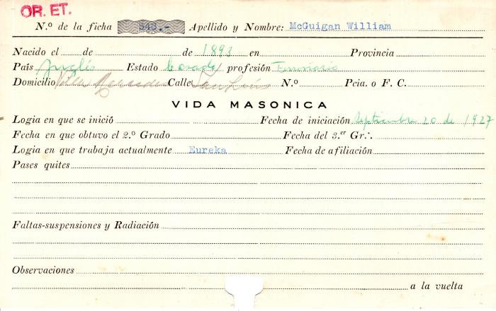 Ficha de miembro de William Mc Guigan.
