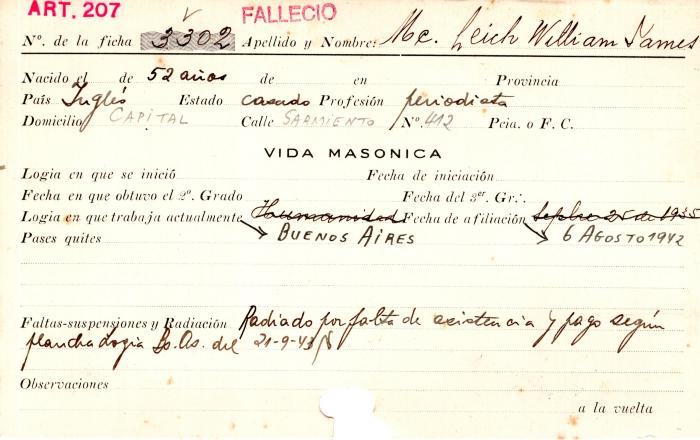 Ficha de miembro de William James Mc Leich.