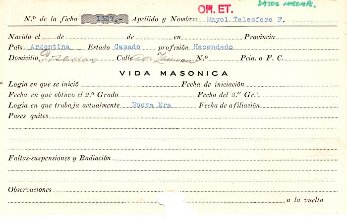 Ficha de miembro de Telesforo F. Mayol.