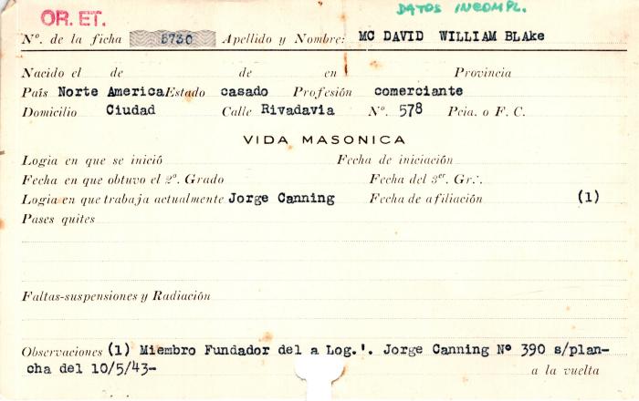 Ficha de miembro de William Blake Mc David.