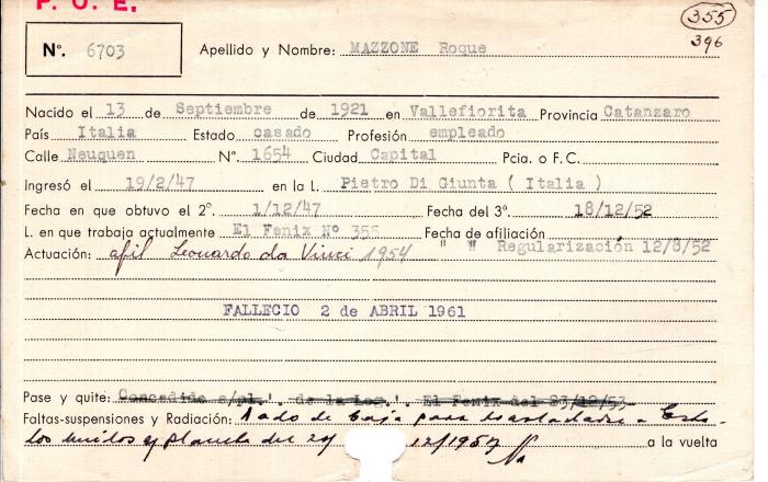 Ficha de miembro de Roque Mazzone.