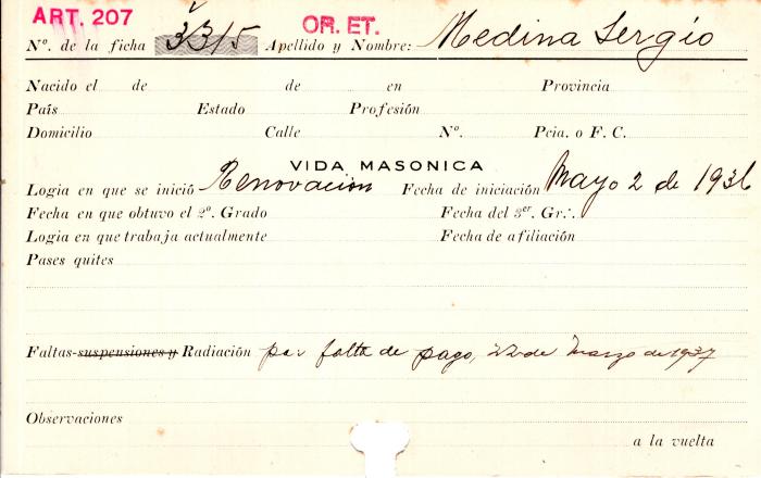 Ficha de miembro de Sergio Medina.
