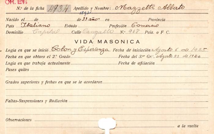 Ficha de miembro de Alberto Mazzetti.