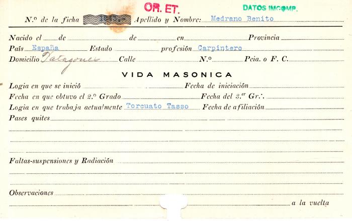 Ficha de miembro de Benito Medrano.